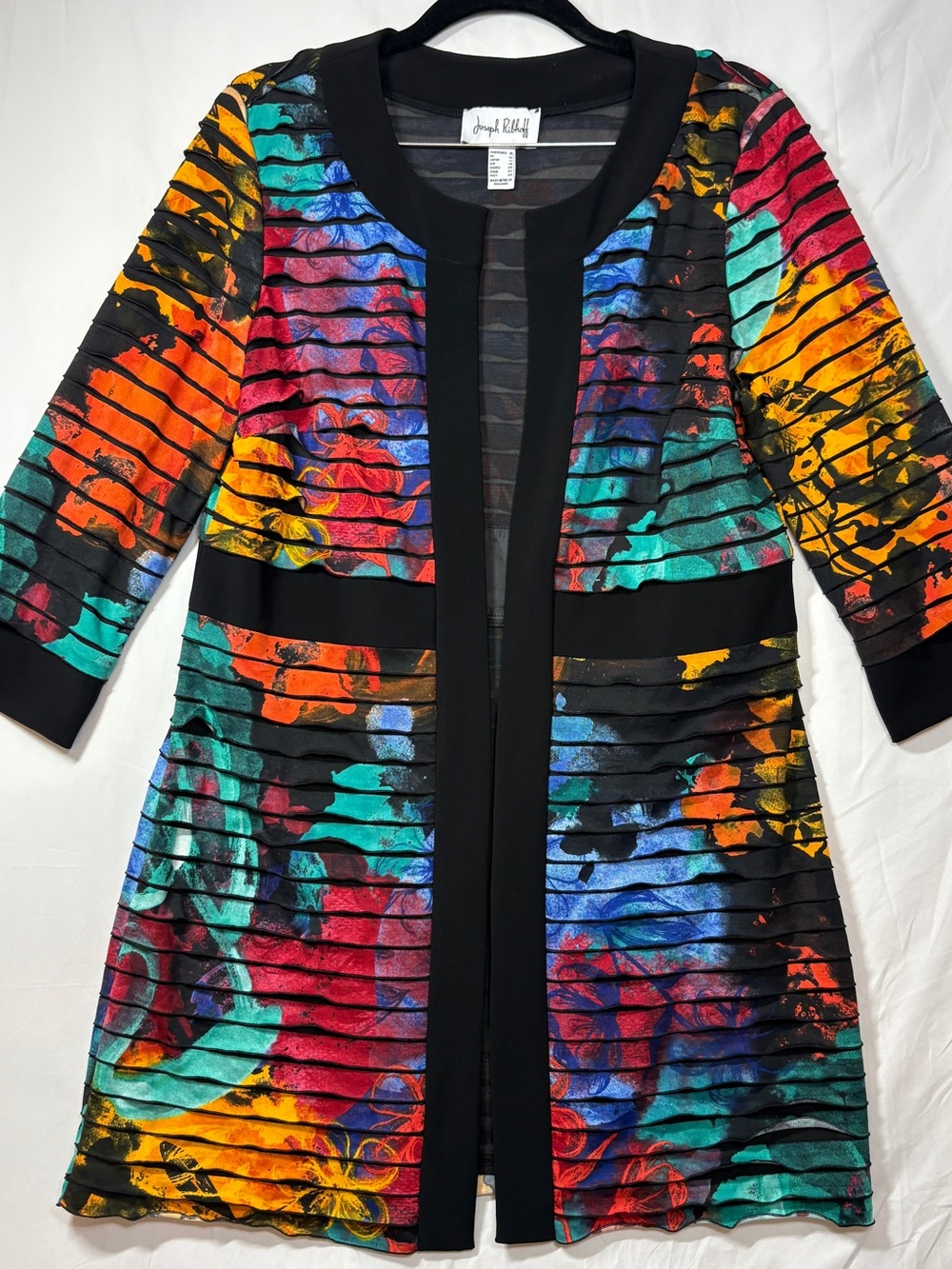 Joseph Ribkoff Multicolor Pleated Open-Front Cardigan with Black Trim